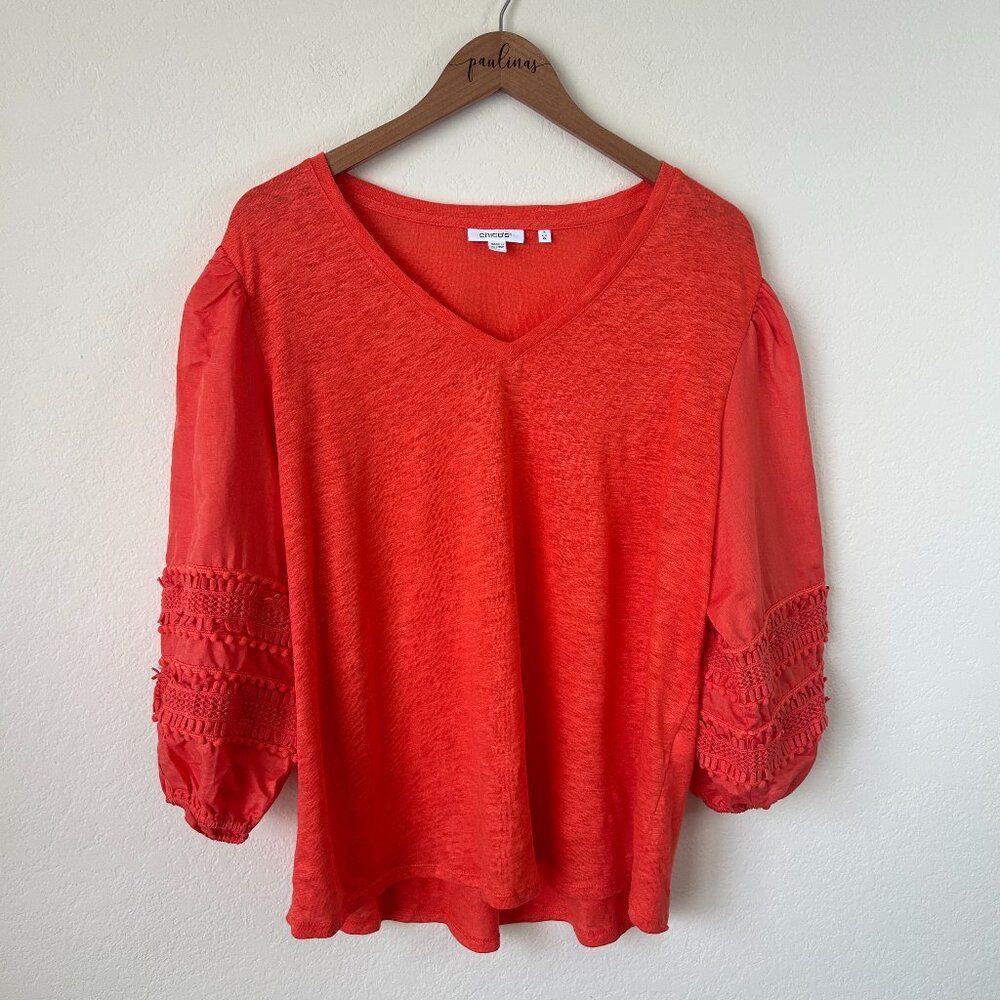 Chicos Top Womens XL Orange Linen Boho Peasant Balloon Sleeve Crochet Trim Shirt